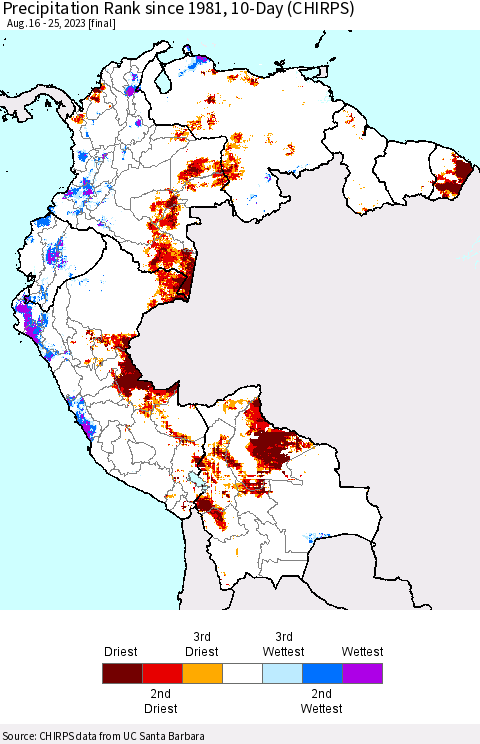 Northern South America Precipitation Rank since 1981, 10-Day (CHIRPS) Thematic Map For 8/16/2023 - 8/25/2023