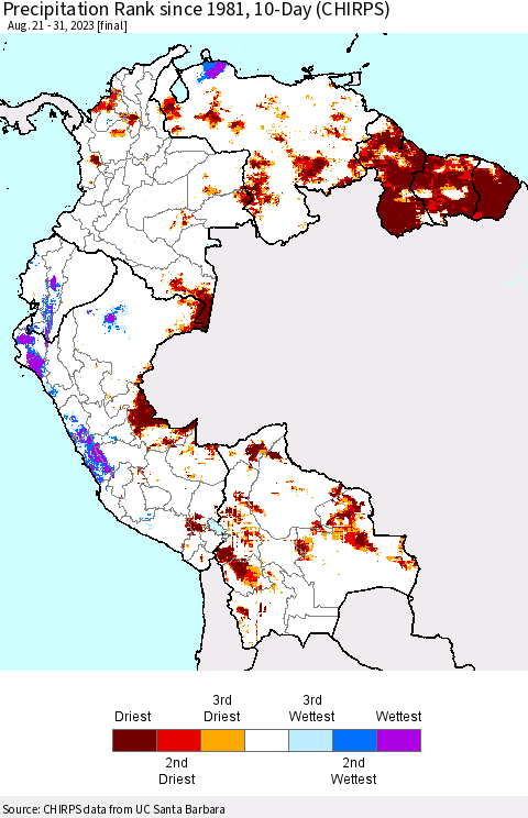Northern South America Precipitation Rank since 1981, 10-Day (CHIRPS) Thematic Map For 8/21/2023 - 8/31/2023