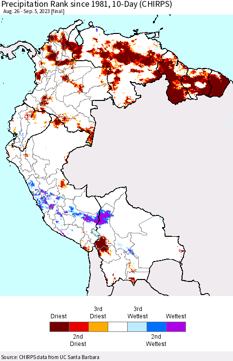 Northern South America Precipitation Rank since 1981, 10-Day (CHIRPS) Thematic Map For 8/26/2023 - 9/5/2023