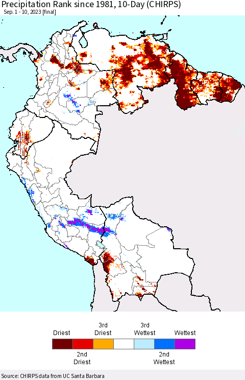 Northern South America Precipitation Rank since 1981, 10-Day (CHIRPS) Thematic Map For 9/1/2023 - 9/10/2023