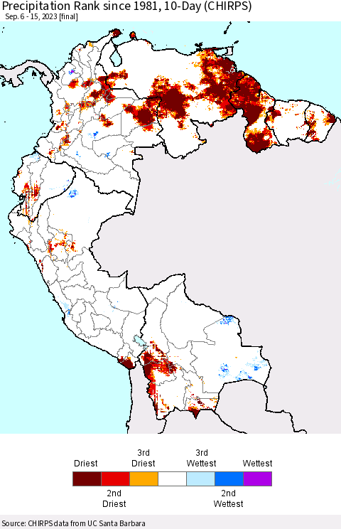Northern South America Precipitation Rank since 1981, 10-Day (CHIRPS) Thematic Map For 9/6/2023 - 9/15/2023