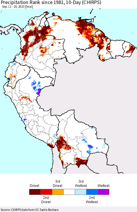 Northern South America Precipitation Rank since 1981, 10-Day (CHIRPS) Thematic Map For 9/11/2023 - 9/20/2023