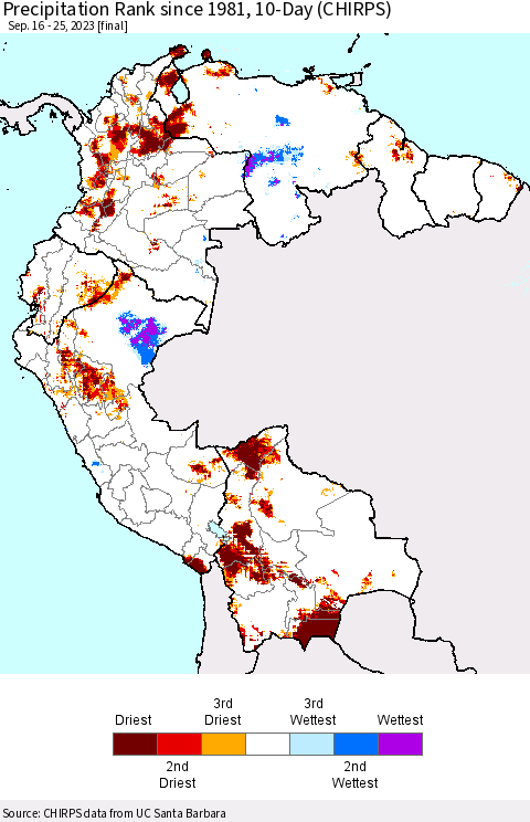 Northern South America Precipitation Rank since 1981, 10-Day (CHIRPS) Thematic Map For 9/16/2023 - 9/25/2023
