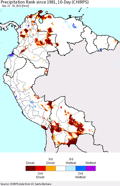 Northern South America Precipitation Rank since 1981, 10-Day (CHIRPS) Thematic Map For 9/21/2023 - 9/30/2023