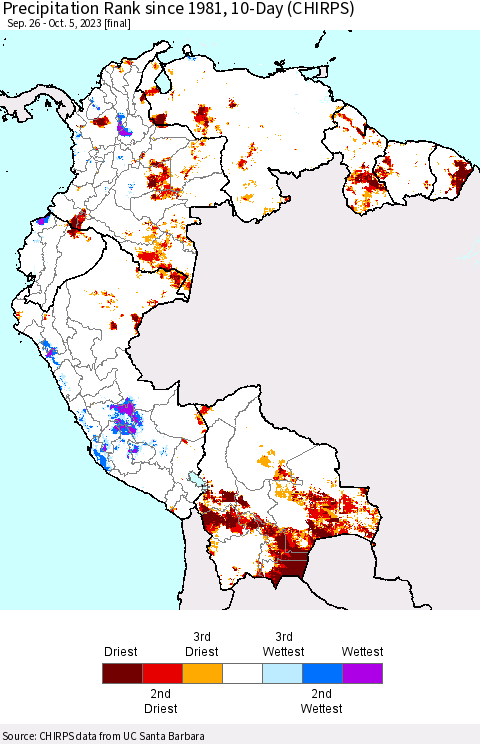 Northern South America Precipitation Rank since 1981, 10-Day (CHIRPS) Thematic Map For 9/26/2023 - 10/5/2023