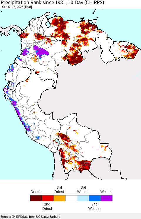 Northern South America Precipitation Rank since 1981, 10-Day (CHIRPS) Thematic Map For 10/6/2023 - 10/15/2023