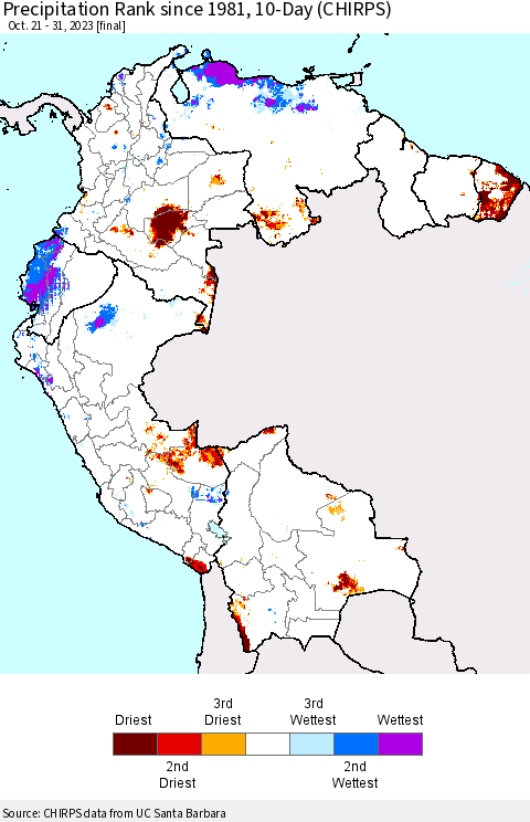Northern South America Precipitation Rank since 1981, 10-Day (CHIRPS) Thematic Map For 10/21/2023 - 10/31/2023