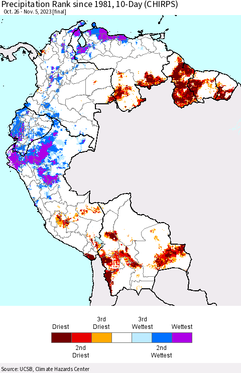 Northern South America Precipitation Rank since 1981, 10-Day (CHIRPS) Thematic Map For 10/26/2023 - 11/5/2023