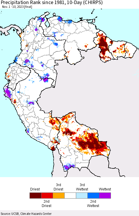 Northern South America Precipitation Rank since 1981, 10-Day (CHIRPS) Thematic Map For 11/1/2023 - 11/10/2023