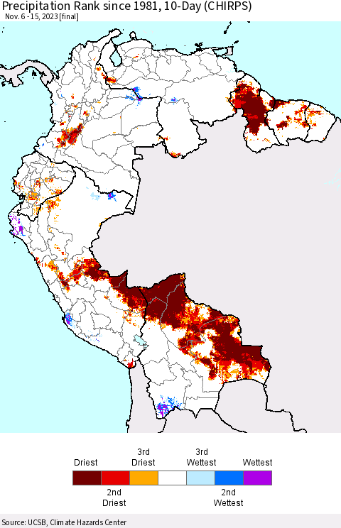 Northern South America Precipitation Rank since 1981, 10-Day (CHIRPS) Thematic Map For 11/6/2023 - 11/15/2023