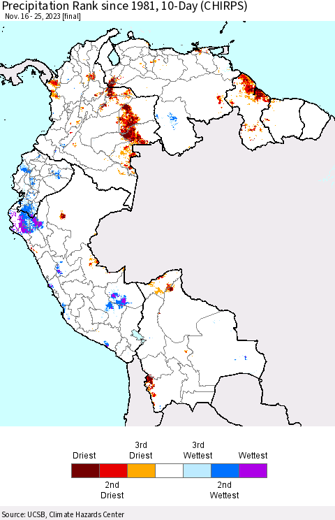 Northern South America Precipitation Rank since 1981, 10-Day (CHIRPS) Thematic Map For 11/16/2023 - 11/25/2023