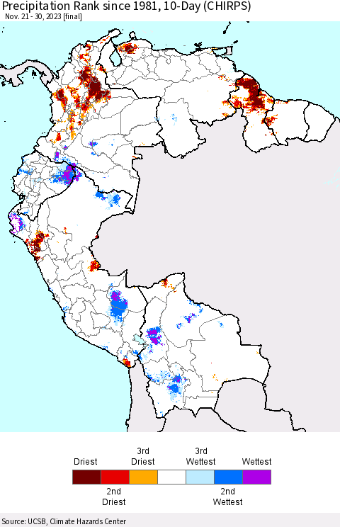 Northern South America Precipitation Rank since 1981, 10-Day (CHIRPS) Thematic Map For 11/21/2023 - 11/30/2023