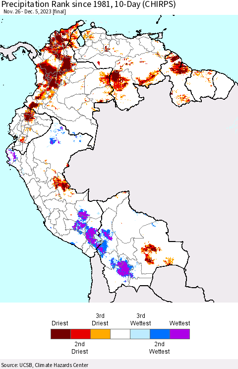 Northern South America Precipitation Rank since 1981, 10-Day (CHIRPS) Thematic Map For 11/26/2023 - 12/5/2023