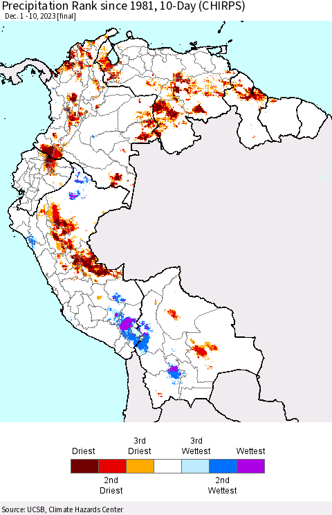 Northern South America Precipitation Rank since 1981, 10-Day (CHIRPS) Thematic Map For 12/1/2023 - 12/10/2023