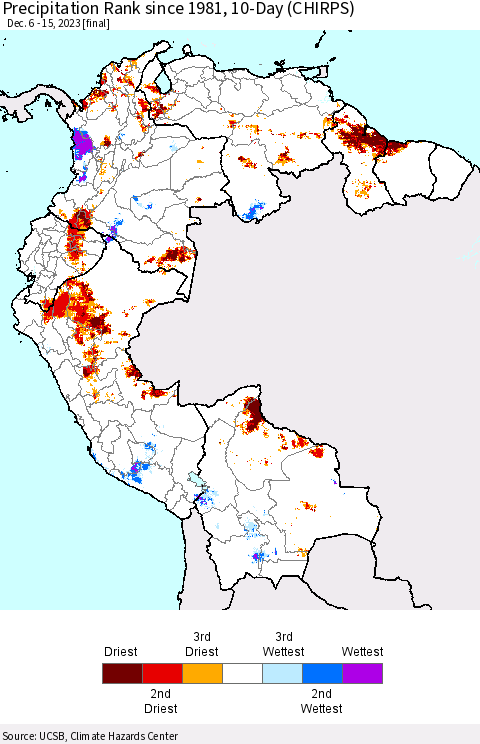 Northern South America Precipitation Rank since 1981, 10-Day (CHIRPS) Thematic Map For 12/6/2023 - 12/15/2023