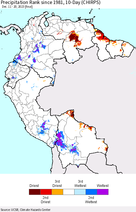 Northern South America Precipitation Rank since 1981, 10-Day (CHIRPS) Thematic Map For 12/11/2023 - 12/20/2023