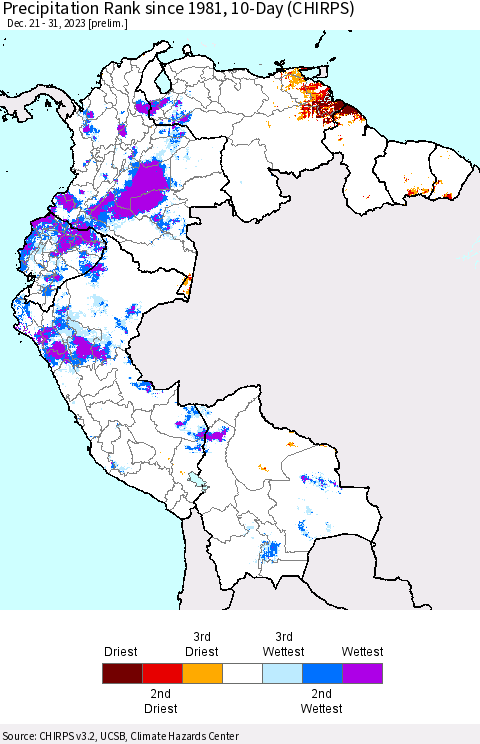Northern South America Precipitation Rank since 1981, 10-Day (CHIRPS) Thematic Map For 12/21/2023 - 12/31/2023