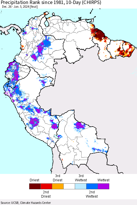 Northern South America Precipitation Rank since 1981, 10-Day (CHIRPS) Thematic Map For 12/26/2023 - 1/5/2024