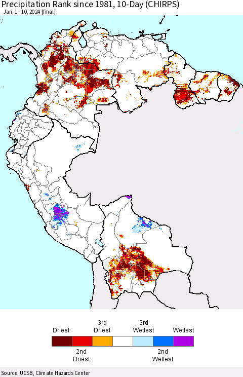 Northern South America Precipitation Rank since 1981, 10-Day (CHIRPS) Thematic Map For 1/1/2024 - 1/10/2024