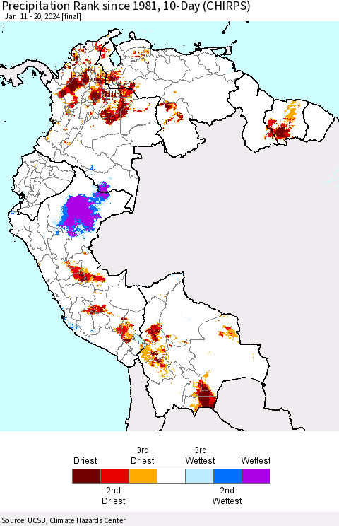 Northern South America Precipitation Rank since 1981, 10-Day (CHIRPS) Thematic Map For 1/11/2024 - 1/20/2024