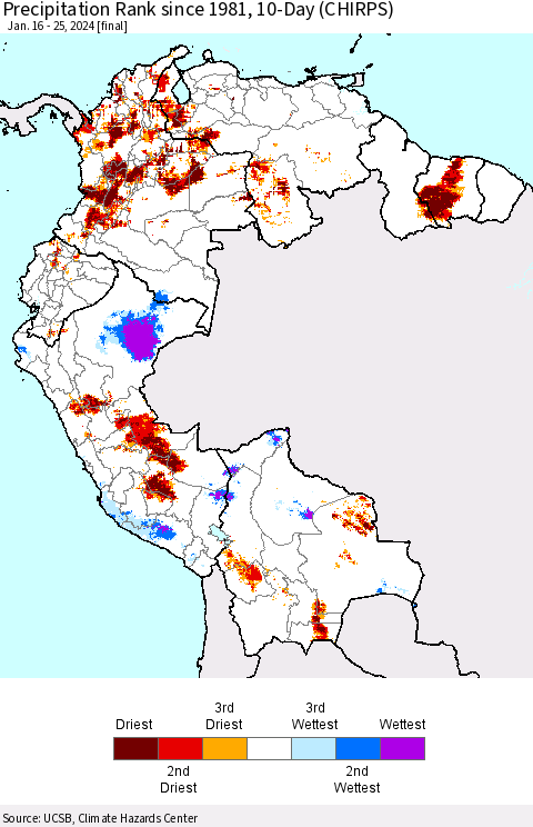 Northern South America Precipitation Rank since 1981, 10-Day (CHIRPS) Thematic Map For 1/16/2024 - 1/25/2024