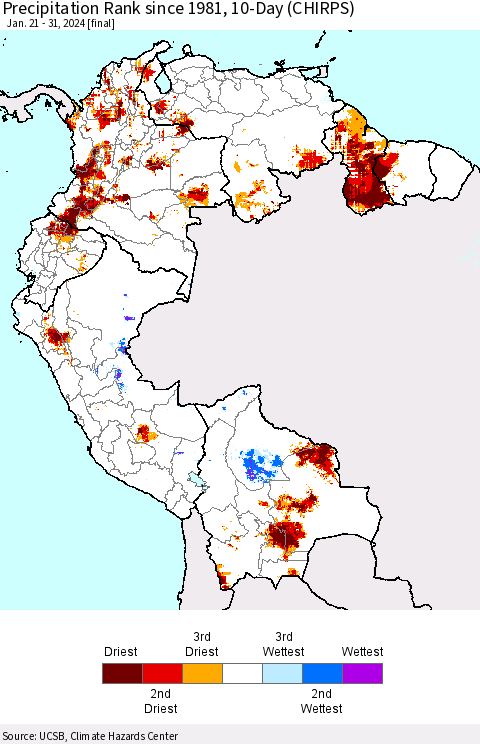Northern South America Precipitation Rank since 1981, 10-Day (CHIRPS) Thematic Map For 1/21/2024 - 1/31/2024