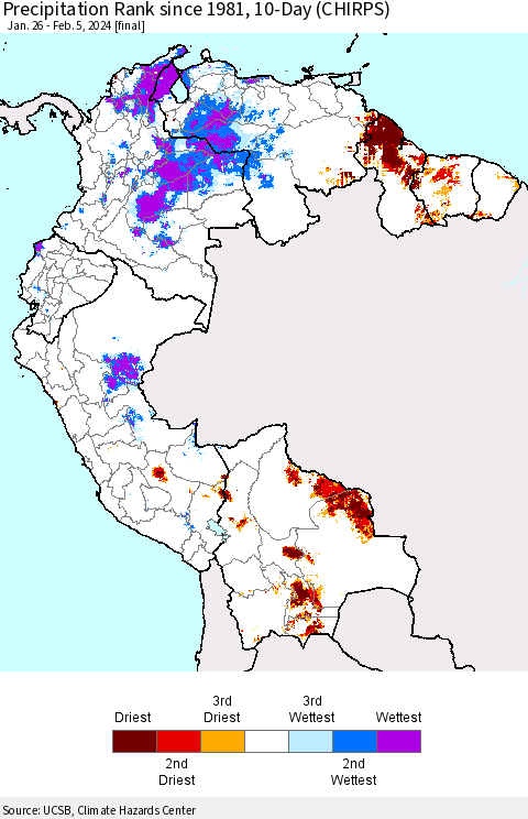 Northern South America Precipitation Rank since 1981, 10-Day (CHIRPS) Thematic Map For 1/26/2024 - 2/5/2024