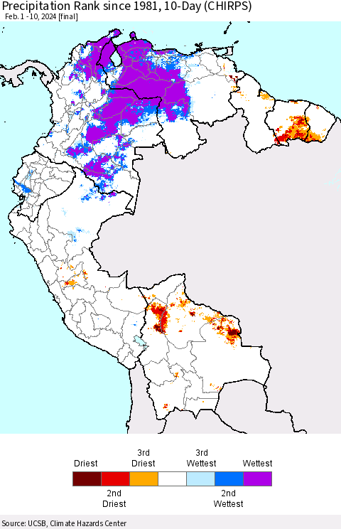 Northern South America Precipitation Rank since 1981, 10-Day (CHIRPS) Thematic Map For 2/1/2024 - 2/10/2024