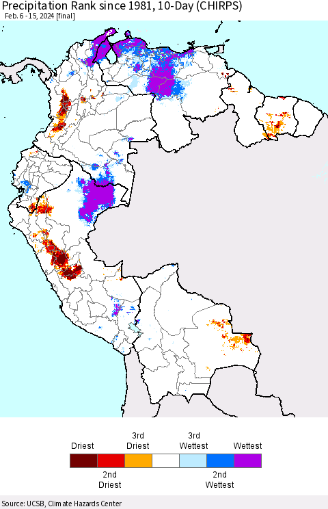 Northern South America Precipitation Rank since 1981, 10-Day (CHIRPS) Thematic Map For 2/6/2024 - 2/15/2024
