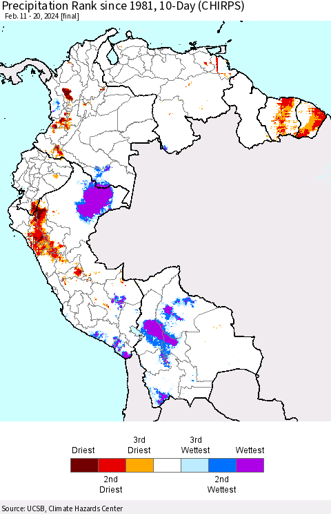 Northern South America Precipitation Rank since 1981, 10-Day (CHIRPS) Thematic Map For 2/11/2024 - 2/20/2024
