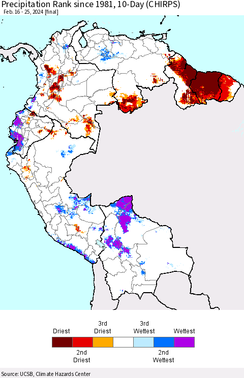 Northern South America Precipitation Rank since 1981, 10-Day (CHIRPS) Thematic Map For 2/16/2024 - 2/25/2024