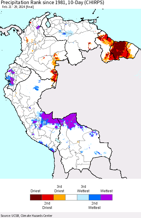 Northern South America Precipitation Rank since 1981, 10-Day (CHIRPS) Thematic Map For 2/21/2024 - 2/29/2024