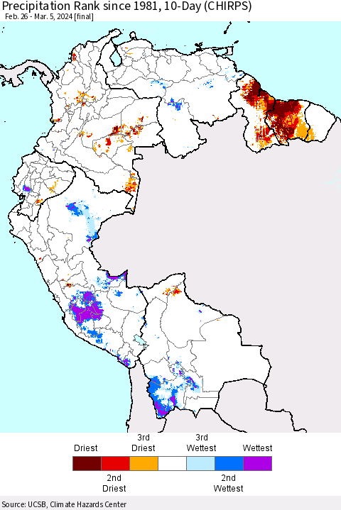 Northern South America Precipitation Rank since 1981, 10-Day (CHIRPS) Thematic Map For 2/26/2024 - 3/5/2024