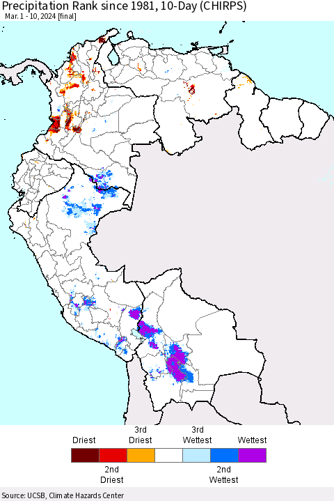 Northern South America Precipitation Rank since 1981, 10-Day (CHIRPS) Thematic Map For 3/1/2024 - 3/10/2024