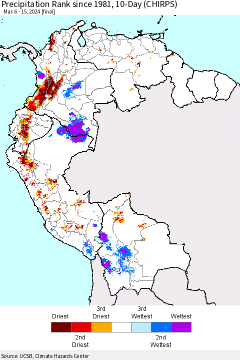 Northern South America Precipitation Rank since 1981, 10-Day (CHIRPS) Thematic Map For 3/6/2024 - 3/15/2024