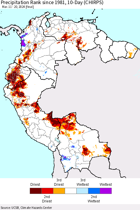 Northern South America Precipitation Rank since 1981, 10-Day (CHIRPS) Thematic Map For 3/11/2024 - 3/20/2024