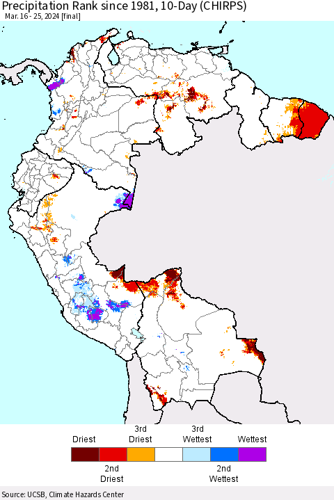 Northern South America Precipitation Rank since 1981, 10-Day (CHIRPS) Thematic Map For 3/16/2024 - 3/25/2024