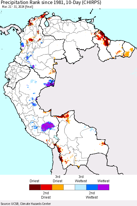 Northern South America Precipitation Rank since 1981, 10-Day (CHIRPS) Thematic Map For 3/21/2024 - 3/31/2024