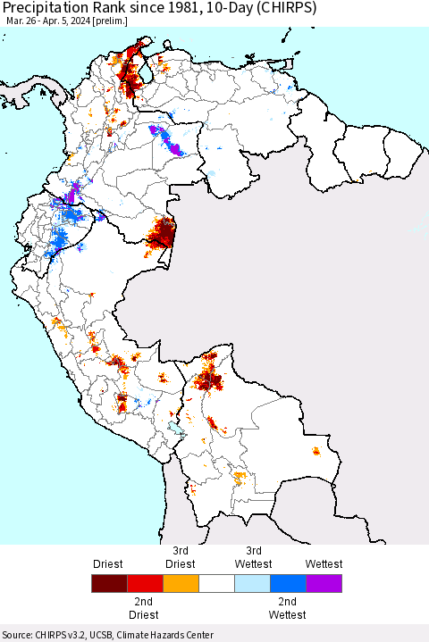 Northern South America Precipitation Rank since 1981, 10-Day (CHIRPS) Thematic Map For 3/26/2024 - 4/5/2024