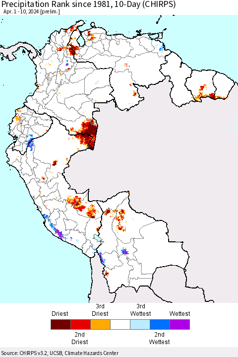 Northern South America Precipitation Rank since 1981, 10-Day (CHIRPS) Thematic Map For 4/1/2024 - 4/10/2024