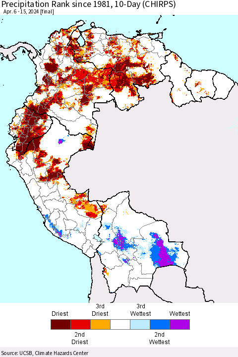 Northern South America Precipitation Rank since 1981, 10-Day (CHIRPS) Thematic Map For 4/6/2024 - 4/15/2024