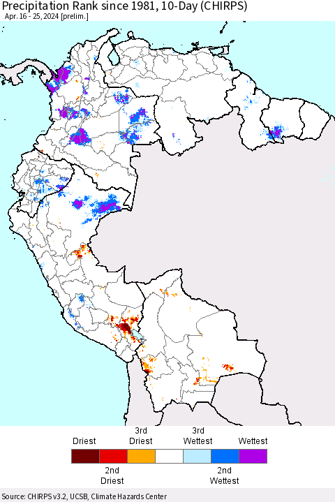 Northern South America Precipitation Rank since 1981, 10-Day (CHIRPS) Thematic Map For 4/16/2024 - 4/25/2024