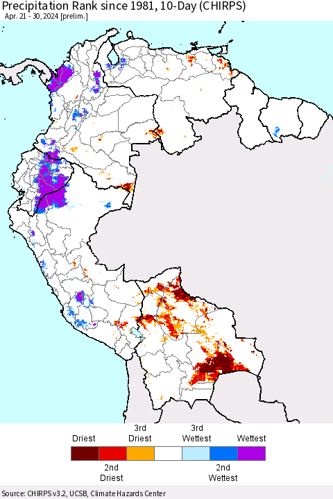Northern South America Precipitation Rank since 1981, 10-Day (CHIRPS) Thematic Map For 4/21/2024 - 4/30/2024