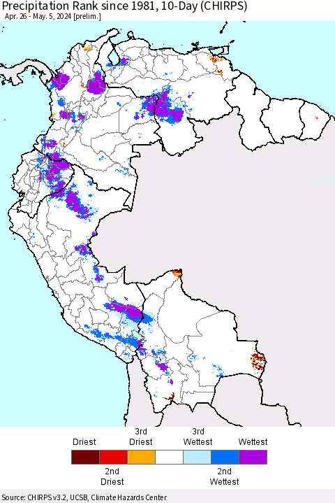 Northern South America Precipitation Rank since 1981, 10-Day (CHIRPS) Thematic Map For 4/26/2024 - 5/5/2024