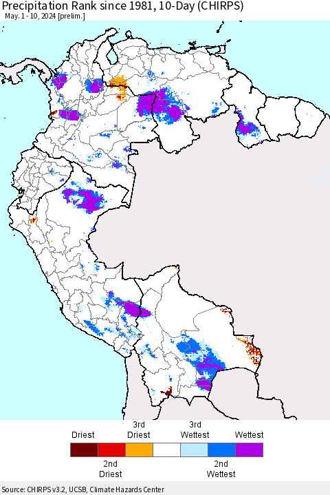 Northern South America Precipitation Rank since 1981, 10-Day (CHIRPS) Thematic Map For 5/1/2024 - 5/10/2024