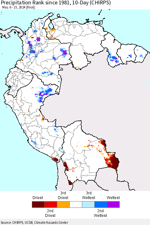 Northern South America Precipitation Rank since 1981, 10-Day (CHIRPS) Thematic Map For 5/6/2024 - 5/15/2024