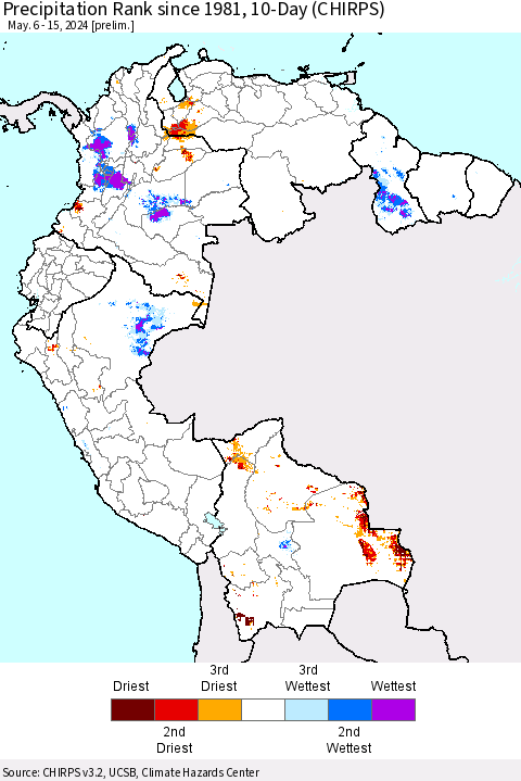 Northern South America Precipitation Rank since 1981, 10-Day (CHIRPS) Thematic Map For 5/6/2024 - 5/15/2024