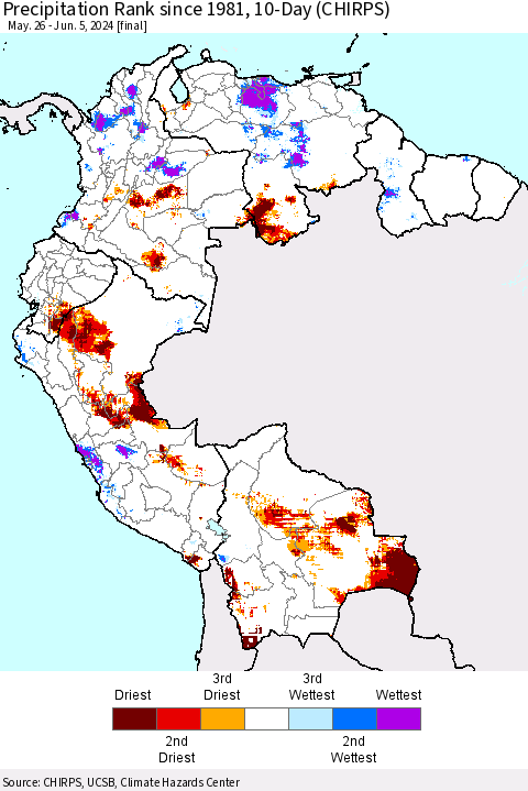 Northern South America Precipitation Rank since 1981, 10-Day (CHIRPS) Thematic Map For 5/26/2024 - 6/5/2024