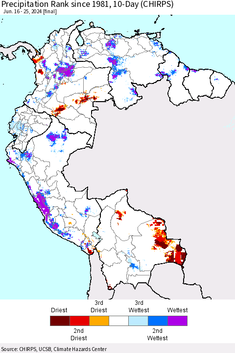 Northern South America Precipitation Rank since 1981, 10-Day (CHIRPS) Thematic Map For 6/16/2024 - 6/25/2024