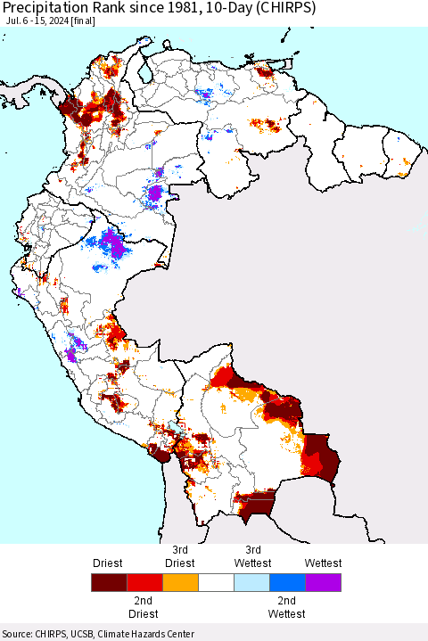 Northern South America Precipitation Rank since 1981, 10-Day (CHIRPS) Thematic Map For 7/6/2024 - 7/15/2024